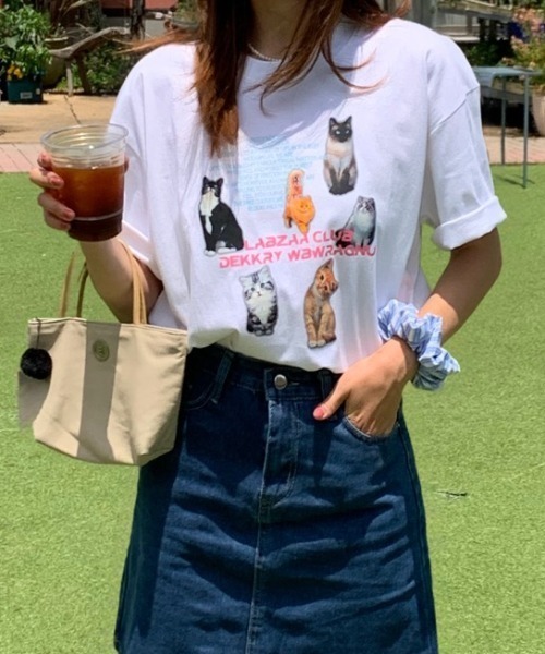 Teem Store(チームストア)の「猫プリントTシャツ(Tシャツ/カットソー・レディース・ライトグレー/ホワイト/イエロー/ネイビー・M/L)」の2枚目の写真