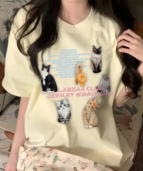 Teem Store(チームストア)の「猫プリントTシャツ(Tシャツ/カットソー・レディース・ライトグレー/ホワイト/イエロー/ネイビー・M/L)」の1枚目の写真