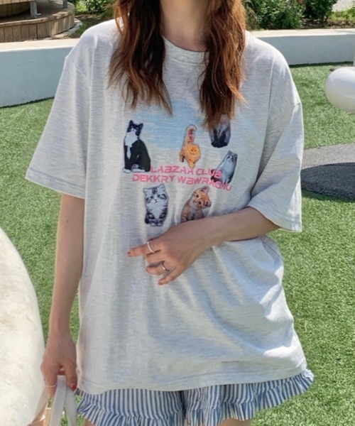 Teem Store(チームストア)の「猫プリントTシャツ(Tシャツ/カットソー・レディース・ライトグレー/ホワイト/イエロー/ネイビー・M/L)」の3枚目の写真