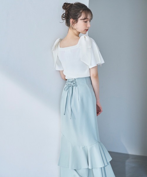 31 Sons de mode - 【オシャレ⭐31 sons de mode】青　リボン　ニット　サイズ36 セール】シアーリボン付きニット（ニット/セーター）｜31 Sons