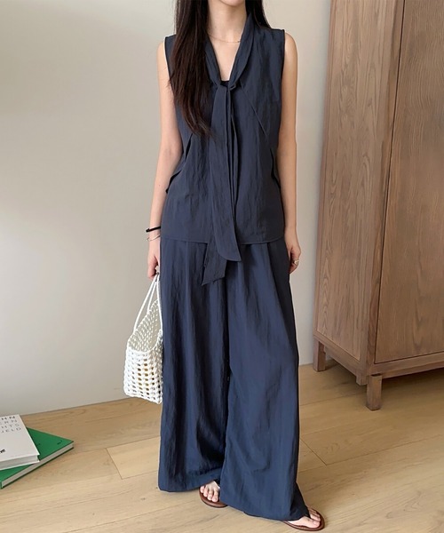 ブラウスとタイトパンツ セットアップ ノースリーブ S/L セール】ノースリーブブラウスとワイドパンツ セットアップ