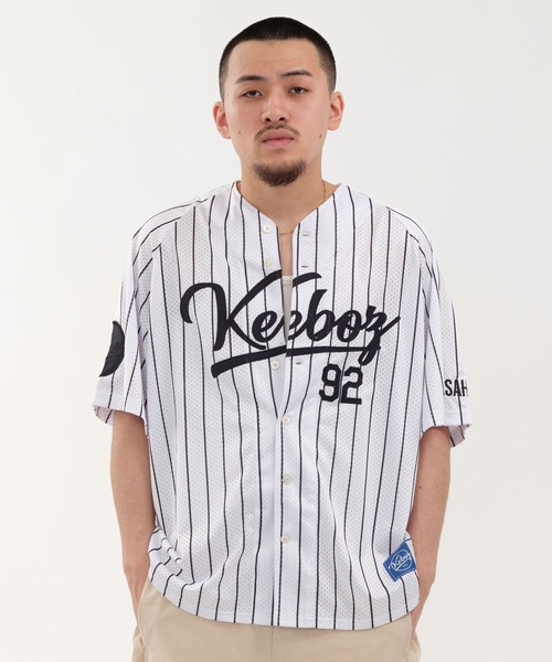KEBOZ ケボズ ピンストライプ ニット ベースボールシャツ XL MESH STRIPE BASEBALL JERSEY(シャツ/ブラウス)|KEBOZ