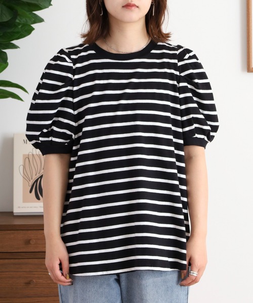 atONE(アットワン)の「ボーダーパフスリーブトップス(Tシャツ/カットソー・レディース・ブラック×ホワイト/ホワイト×ブラック・LL~3L/M-L/4L~5L)」の13枚目の写真