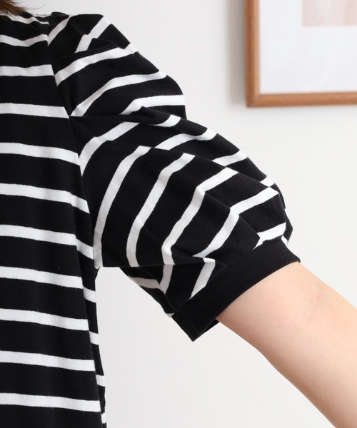 セール】ボーダーパフスリーブトップス（Tシャツ/カットソー