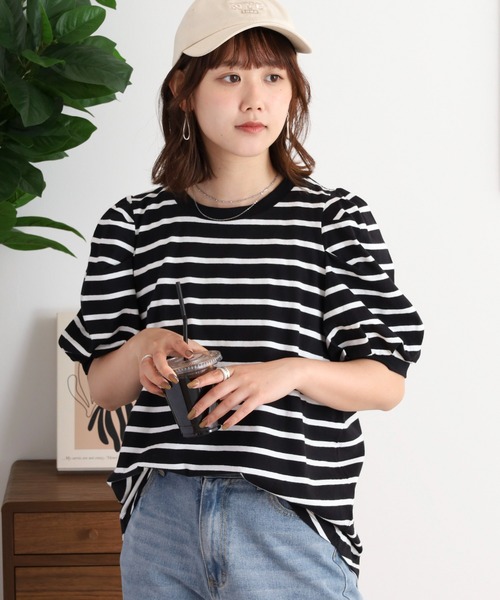 atONE(アットワン)の「ボーダーパフスリーブトップス(Tシャツ/カットソー・レディース・ブラック×ホワイト/ホワイト×ブラック・LL~3L/M-L/4L~5L)」の9枚目の写真
