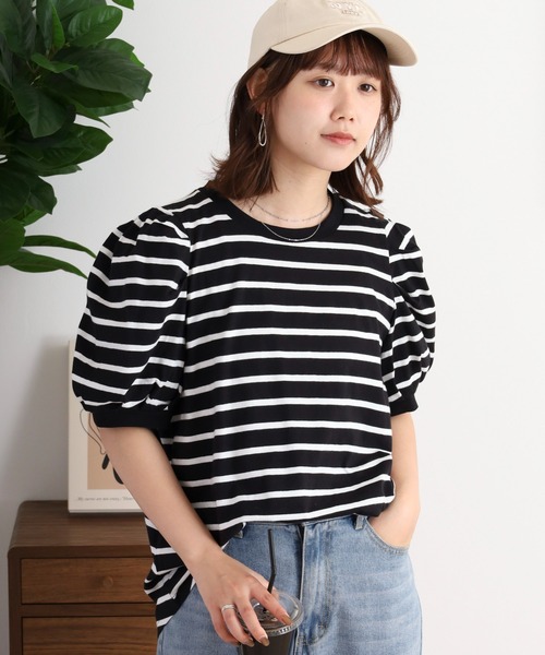 atONE(アットワン)の「ボーダーパフスリーブトップス(Tシャツ/カットソー・レディース・ブラック×ホワイト/ホワイト×ブラック・LL~3L/M-L/4L~5L)」の10枚目の写真