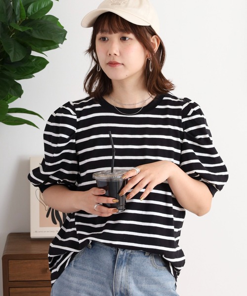 atONE(アットワン)の「ボーダーパフスリーブトップス(Tシャツ/カットソー・レディース・ブラック×ホワイト/ホワイト×ブラック・LL~3L/M-L/4L~5L)」の11枚目の写真