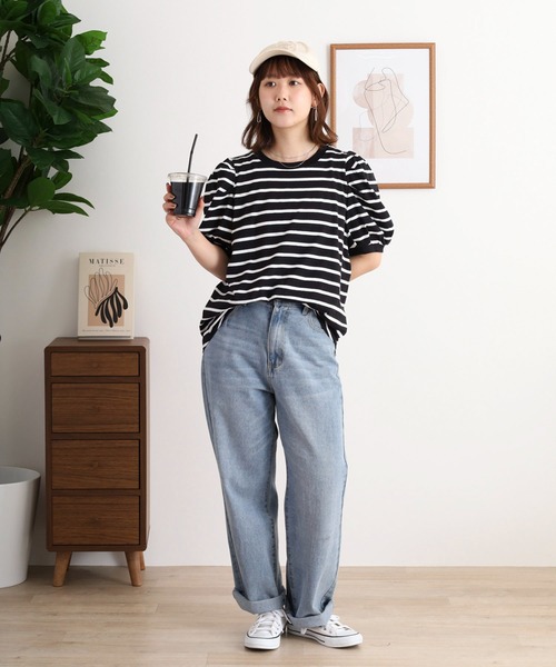 atONE(アットワン)の「ボーダーパフスリーブトップス(Tシャツ/カットソー・レディース・ブラック×ホワイト/ホワイト×ブラック・LL~3L/M-L/4L~5L)」の12枚目の写真