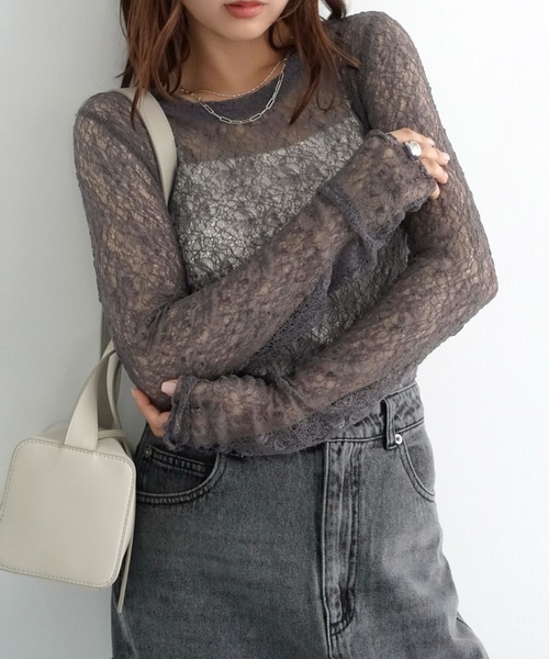 Freesia by andme（フリージアバイアンドミー）の「シアーレース長袖トップス（Tシャツ/カットソー・レディース・ブラック/ブルー/オフホワイト/ブラウン系その他・FREE）」の4枚目の写真
