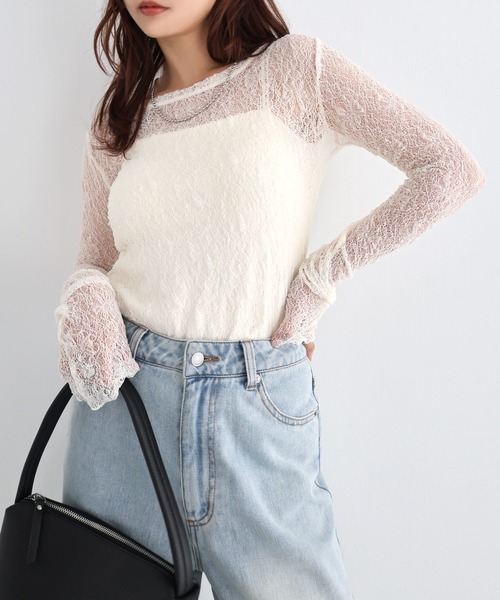 Freesia by andme（フリージアバイアンドミー）の「シアーレース長袖トップス（Tシャツ/カットソー・レディース・ブラック/ブルー/オフホワイト/ブラウン系その他・FREE）」の9枚目の写真