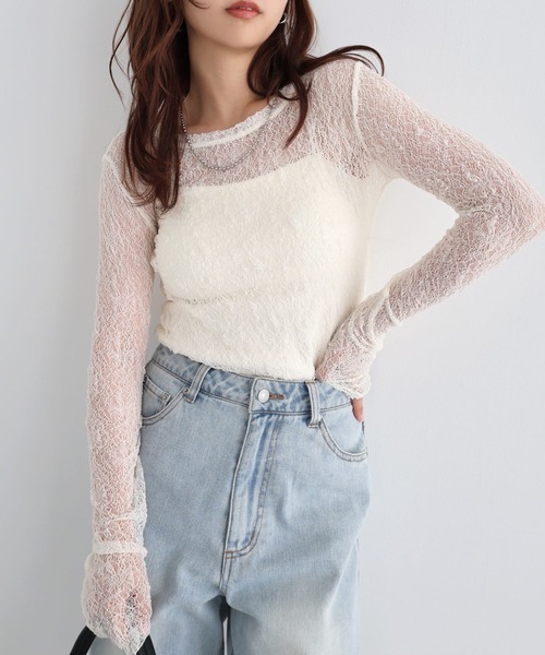 Freesia by andme（フリージアバイアンドミー）の「シアーレース長袖トップス（Tシャツ/カットソー・レディース・ブラック/ブルー/オフホワイト/ブラウン系その他・FREE）」の6枚目の写真