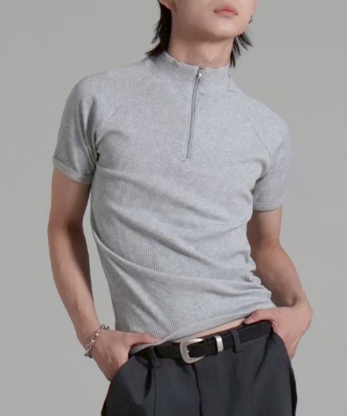 Chikashitsu +(チカシツプラス)の「【Chikashitsu +】mockneck zip half sleeve t-shirt / 【チカシツプラス】モックネックジップ半袖Tシャツ(Tシャツ/カットソー・メンズ・ブラック/グレー/ネイビー・ONE SIZE)」の19枚目の写真