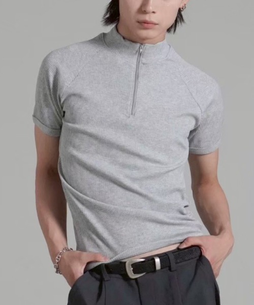 Chikashitsu +(チカシツプラス)の「【Chikashitsu +】mockneck zip half sleeve t-shirt / 【チカシツプラス】モックネックジップ半袖Tシャツ(Tシャツ/カットソー・メンズ・ブラック/グレー/ネイビー・ONE SIZE)」の20枚目の写真