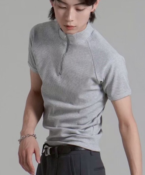 Chikashitsu +(チカシツプラス)の「【Chikashitsu +】mockneck zip half sleeve t-shirt / 【チカシツプラス】モックネックジップ半袖Tシャツ(Tシャツ/カットソー・メンズ・ブラック/グレー/ネイビー・ONE SIZE)」の18枚目の写真