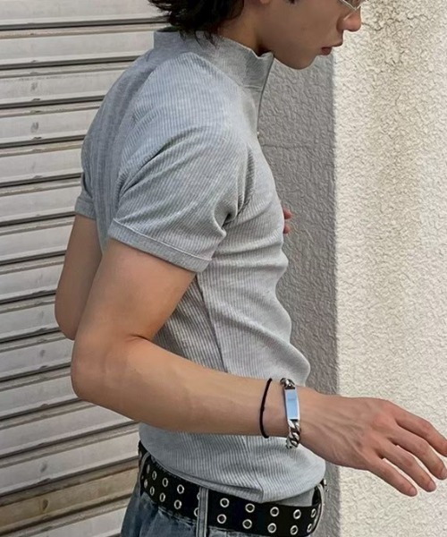 Chikashitsu +(チカシツプラス)の「【Chikashitsu +】mockneck zip half sleeve t-shirt / 【チカシツプラス】モックネックジップ半袖Tシャツ(Tシャツ/カットソー・メンズ・ブラック/グレー/ネイビー・ONE SIZE)」の14枚目の写真