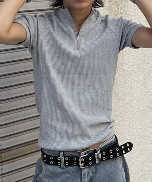 Chikashitsu +(チカシツプラス)の「【Chikashitsu +】mockneck zip half sleeve t-shirt / 【チカシツプラス】モックネックジップ半袖Tシャツ(Tシャツ/カットソー・メンズ・ブラック/グレー/ネイビー・ONE SIZE)」の13枚目の写真