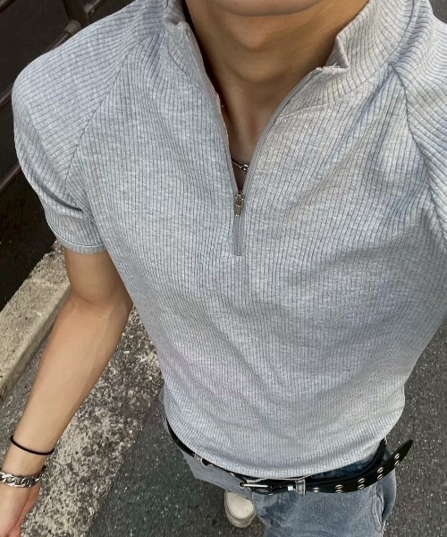 Chikashitsu +(チカシツプラス)の「【Chikashitsu +】mockneck zip half sleeve t-shirt / 【チカシツプラス】モックネックジップ半袖Tシャツ(Tシャツ/カットソー・メンズ・ブラック/グレー/ネイビー・ONE SIZE)」の16枚目の写真