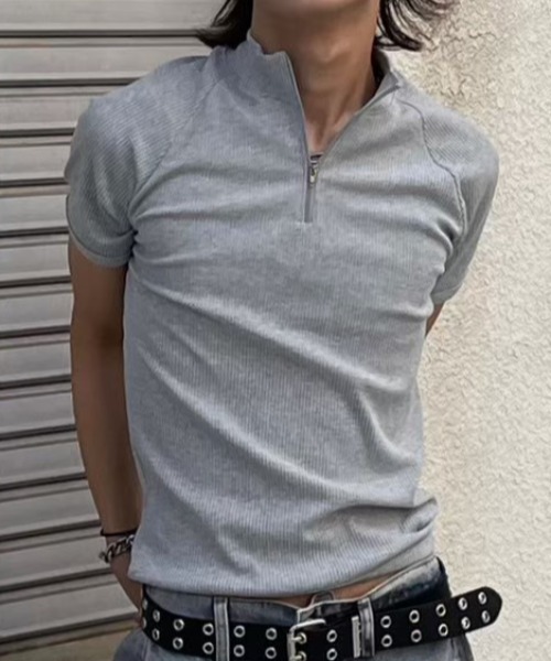 Chikashitsu +(チカシツプラス)の「【Chikashitsu +】mockneck zip half sleeve t-shirt / 【チカシツプラス】モックネックジップ半袖Tシャツ(Tシャツ/カットソー・メンズ・ブラック/グレー/ネイビー・ONE SIZE)」の12枚目の写真