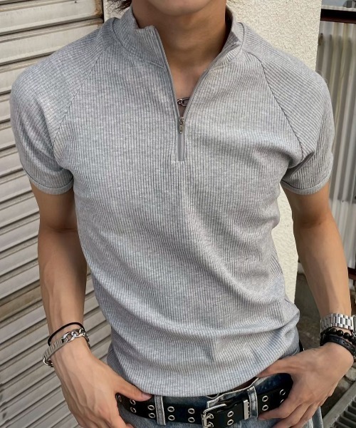 Chikashitsu +(チカシツプラス)の「【Chikashitsu +】mockneck zip half sleeve t-shirt / 【チカシツプラス】モックネックジップ半袖Tシャツ(Tシャツ/カットソー・メンズ・ブラック/グレー/ネイビー・ONE SIZE)」の10枚目の写真