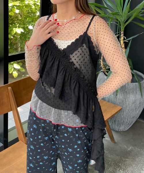 HELLO.SANFRANCISCO(ハローサンフランシスコ)の「【HELLO.SANFRANCISCO/ハローサンフランシスコ】アシメフリルドットレースキャミ(キャミソール・レディース・オフホワイト/サックスブルー/ブラック・ONE SIZE)」の1枚目の写真