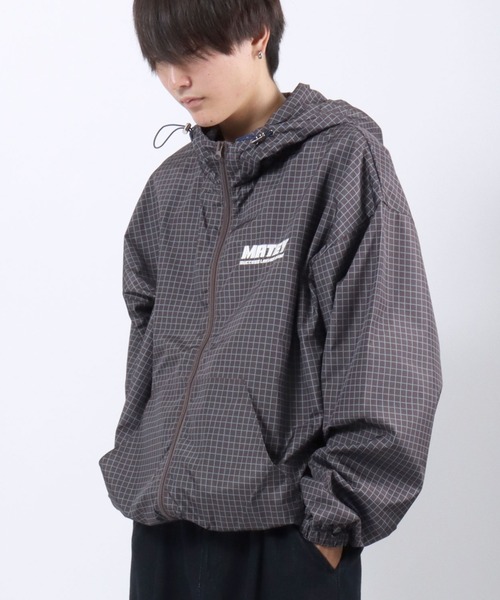 セール】ワンポイントロゴ刺繍チェック ジップパーカー/フードブルゾン