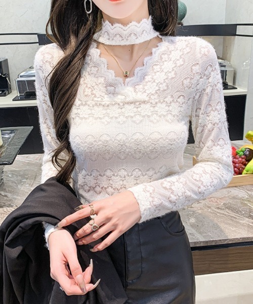 Beststore(ベストストア)の「秋冬レースブラウス カットソー 長袖 透け感(Tシャツ/カットソー・レディース・ベージュ/ホワイト/グリーン/ピンク/ブラック・FREE)」の1枚目の写真