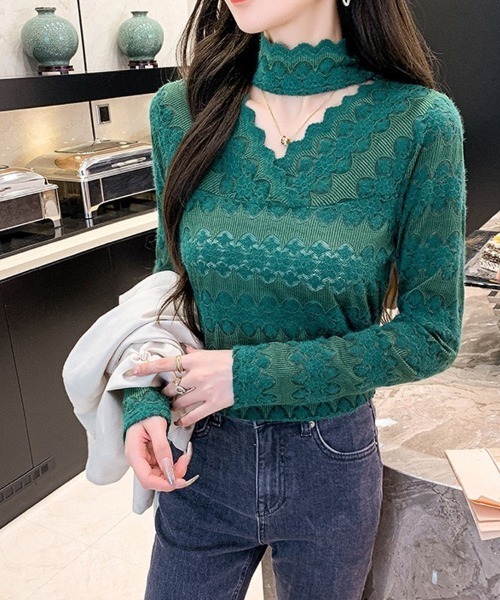 Beststore(ベストストア)の「秋冬レースブラウス カットソー 長袖 透け感(Tシャツ/カットソー・レディース・ベージュ/ホワイト/グリーン/ピンク/ブラック・FREE)」の5枚目の写真