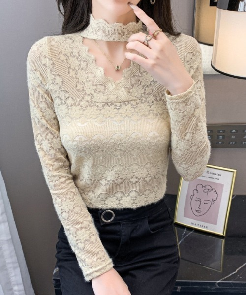 Beststore(ベストストア)の「秋冬レースブラウス カットソー 長袖 透け感(Tシャツ/カットソー・レディース・ベージュ/ホワイト/グリーン/ピンク/ブラック・FREE)」の6枚目の写真