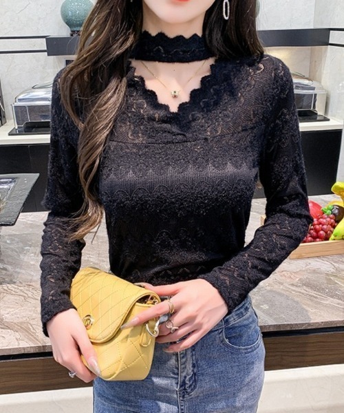 Beststore(ベストストア)の「秋冬レースブラウス カットソー 長袖 透け感(Tシャツ/カットソー・レディース・ベージュ/ホワイト/グリーン/ピンク/ブラック・FREE)」の8枚目の写真