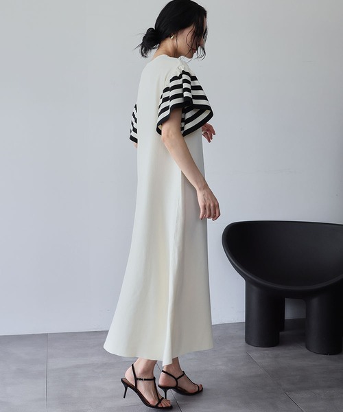 セール】【2025AW】ボーダー フリルスリーブ ニット ロング ワンピース