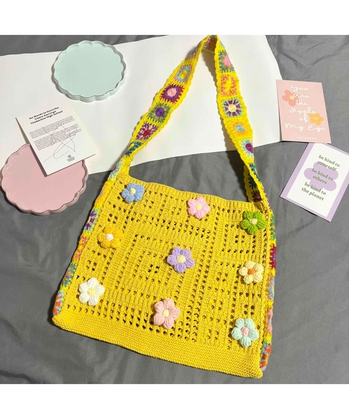 ちる☆さま専用　アップリケバッグ　オーダーです 88eighty-eight】カラーカラフルフラワーアップリケクロシェ