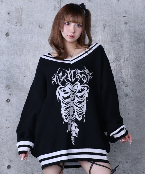 【美品★タグあり】ハチヤーズ　レディース セーター ホワイト/ブラック　Sサイズ 骨ロゴジャカードニット（ニット/セーター）｜Amilige（アミリージュ