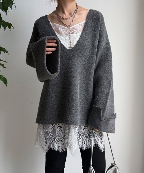 DouDou（ドゥドゥ）の「【WEB限定】深Vワイドスリーブプルオーバー（ニット/セーター・レディース・ブラウン/ベージュ/チャコールグレー・FREE）」の11枚目の写真