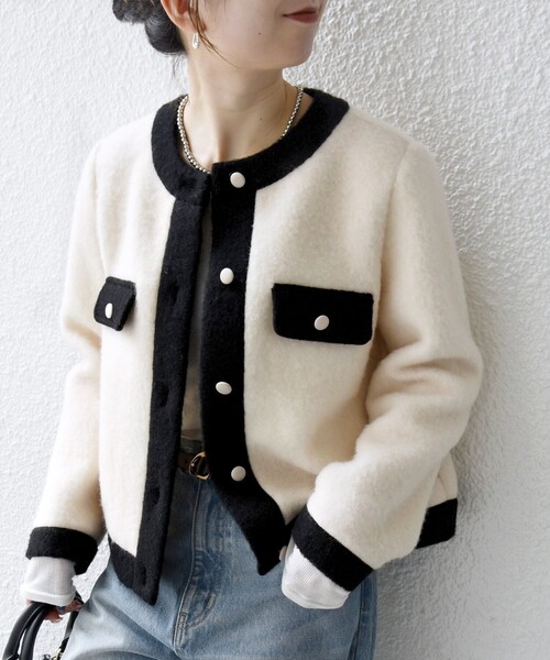 SHIPS any: バイカラー クルーネック カーディガン ジャケット（ノー