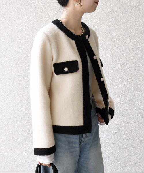 SHIPS ノーカラージャケット、カーディガン ホワイト quaranciel:〈手洗い可能〉ノーカラー クラシカル ジャケット