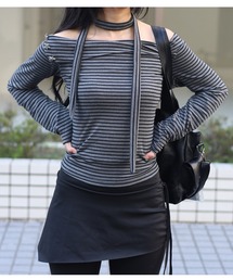 Vini | 【タイ付き】ボーダーオフショルダーフィットカットソー(Tシャツ/カットソー)