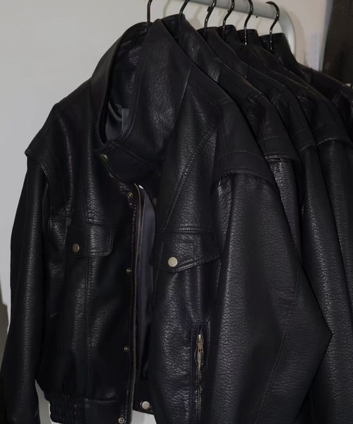 セール】ユニセックス中綿ボリュームレザージャケット（ブルゾン