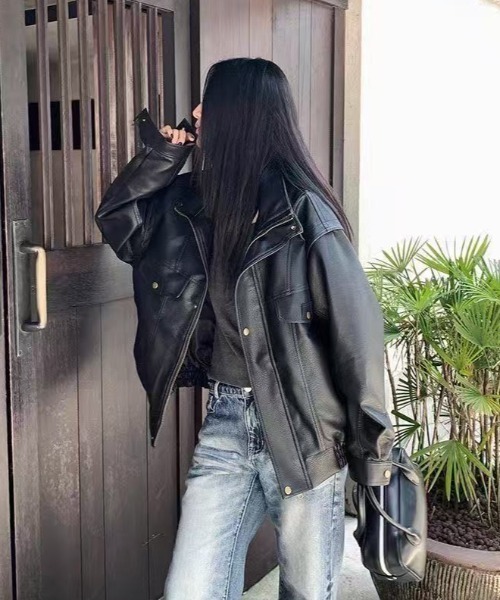 セール】ユニセックス中綿ボリュームレザージャケット（ブルゾン