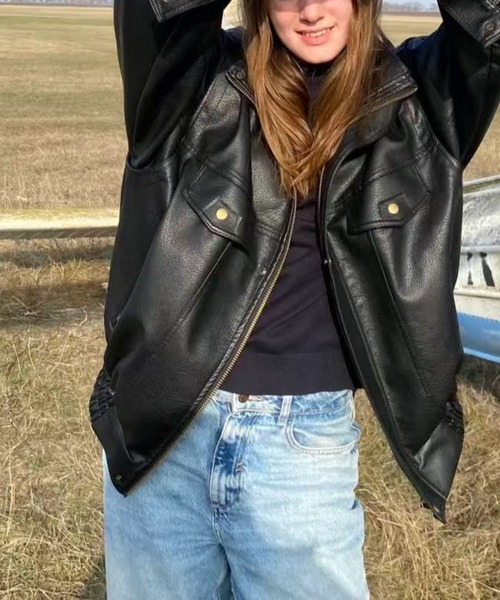 セール】ユニセックス中綿ボリュームレザージャケット（ブルゾン