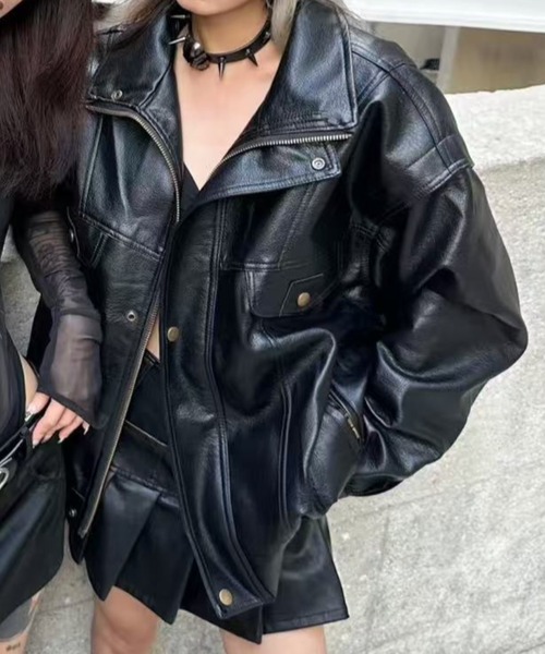 セール】ユニセックス中綿ボリュームレザージャケット（ブルゾン