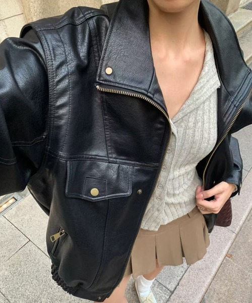 セール】ユニセックス中綿ボリュームレザージャケット（ブルゾン