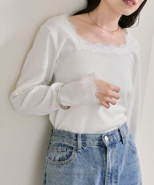 セール】【新色グレーが登場!】スクエアネックレースロンT(Tシャツ セール】【新色グレーが登場!】スクエアネックレースロンT(Tシャツ