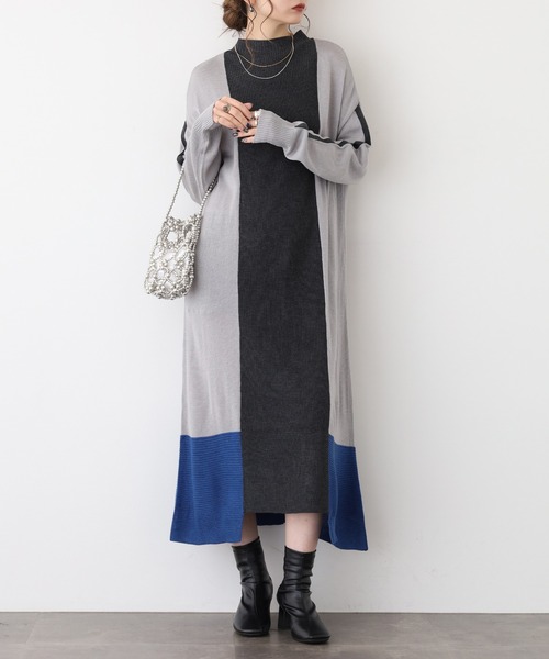 Anna Nicola(アンナニコラ)の「Anna Nicola 編地切り替え配色ニットワンピース(ワンピース・レディース・グレイッシュベージュ/ブラック/カーキ・38)」の3枚目の写真