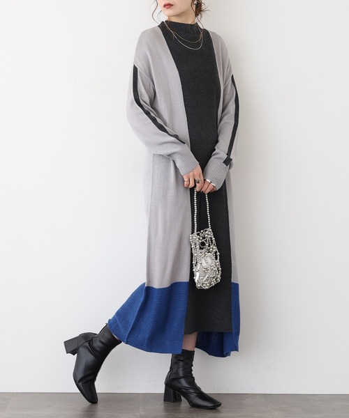 Anna Nicola(アンナニコラ)の「Anna Nicola 編地切り替え配色ニットワンピース(ワンピース・レディース・グレイッシュベージュ/ブラック/カーキ・38)」の12枚目の写真