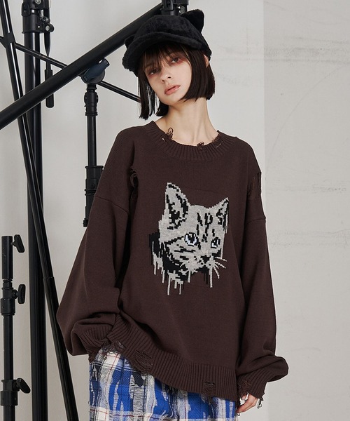 SeeSew(シーソー)の「【UNISEX】CAT GRAFFITY KNIT/キャットグラフィティニット(ニット/セーター・メンズ・ブラック/ブラウン・M/L)」の2枚目の写真