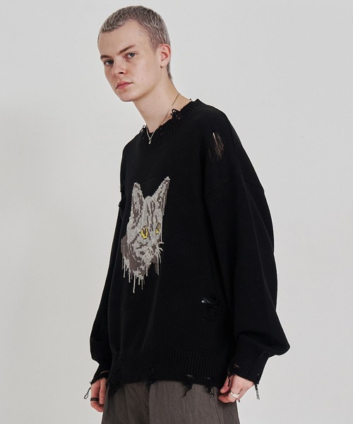 SeeSew(シーソー)の「【UNISEX】CAT GRAFFITY KNIT/キャットグラフィティニット(ニット/セーター・メンズ・ブラック/ブラウン・M/L)」の3枚目の写真
