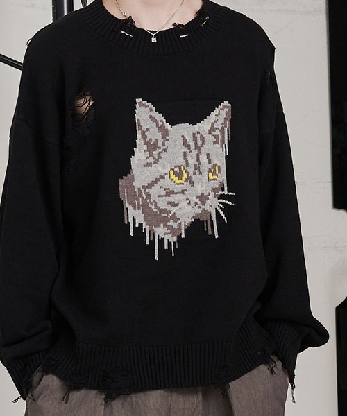SeeSew(シーソー)の「【UNISEX】CAT GRAFFITY KNIT/キャットグラフィティニット(ニット/セーター・メンズ・ブラック/ブラウン・M/L)」の6枚目の写真