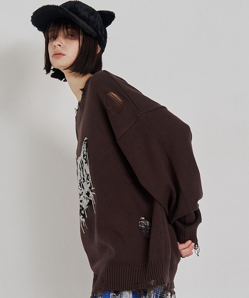 SeeSew(シーソー)の「【UNISEX】CAT GRAFFITY KNIT/キャットグラフィティニット(ニット/セーター・メンズ・ブラック/ブラウン・M/L)」の11枚目の写真