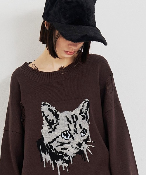 SeeSew(シーソー)の「【UNISEX】CAT GRAFFITY KNIT/キャットグラフィティニット(ニット/セーター・メンズ・ブラック/ブラウン・M/L)」の9枚目の写真