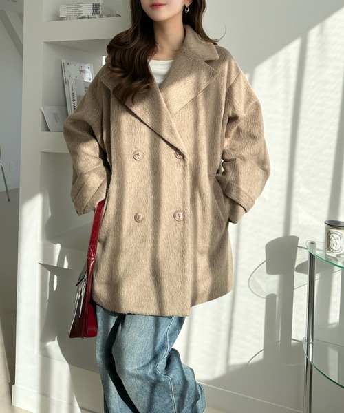 TREOVER（トレオーバー）の「オンにもオフにも活躍！流行に左右されないベーシックなシルエットが魅力のミドル丈シャギーコート（ピーコート・レディース・チェック/グレー/ライトブラウン/ブラック・FREE）」の5枚目の写真